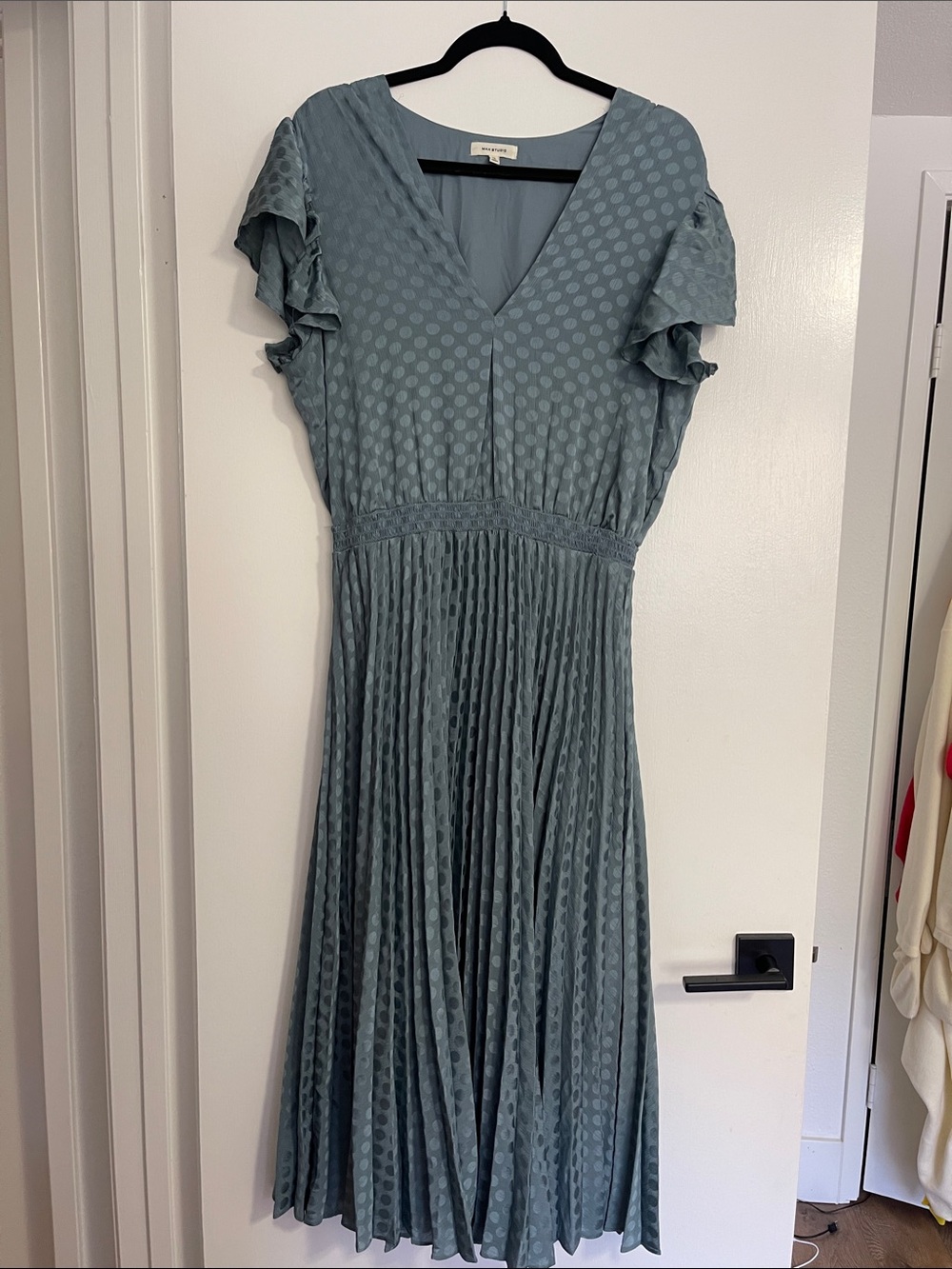 Max Studio Blue-Grey V-Neck Midi Dress with Ruffled Sleeves